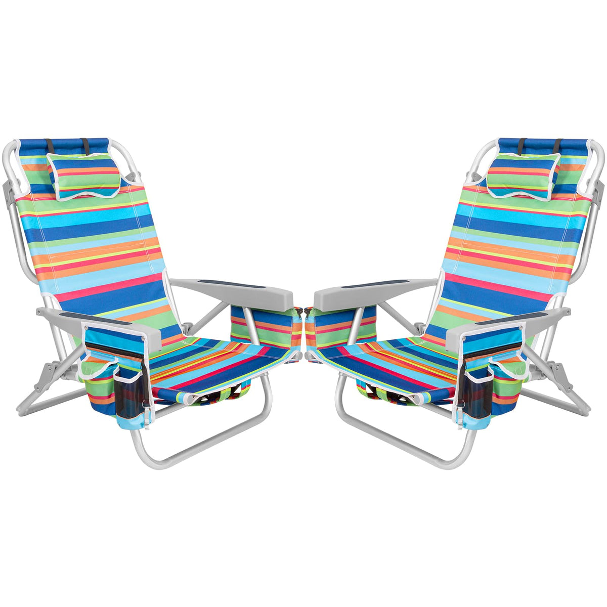 2Pk Aluminum Extra Wide 5-Position Lay Flat Folding Backpack Beach Chairs for Adults, with Cooler Bag, Cup&Phone Holder, Towel Bar for Outdoor Lawn Picnic Sport, Portable Camping Chairs,Tropical Print