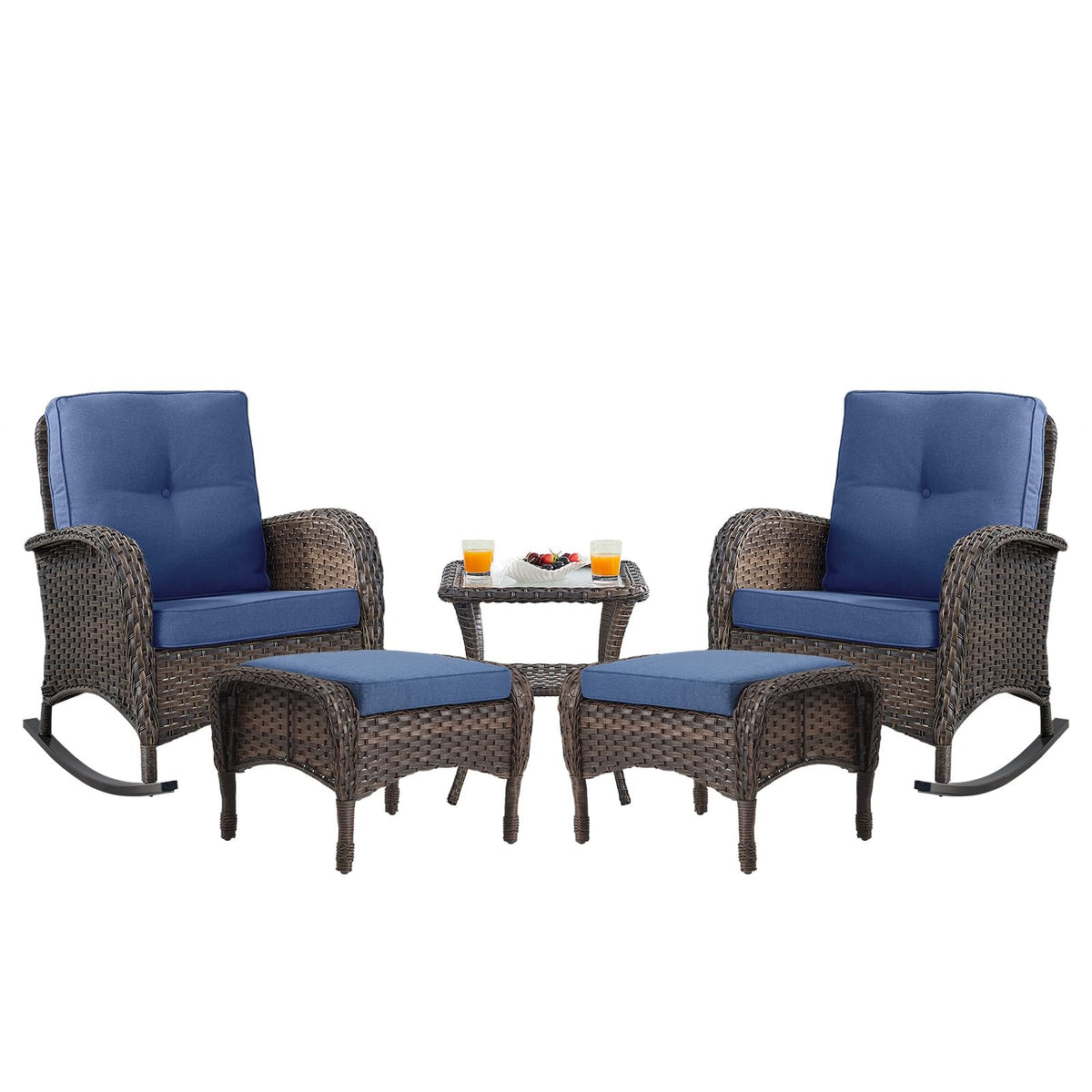 Belord Patio Rocking Chair Wicker Chair, 1 Piece Outdoor Rocking Chair Seating with Cushions for Porch Deck Balcony, Brown/Blue