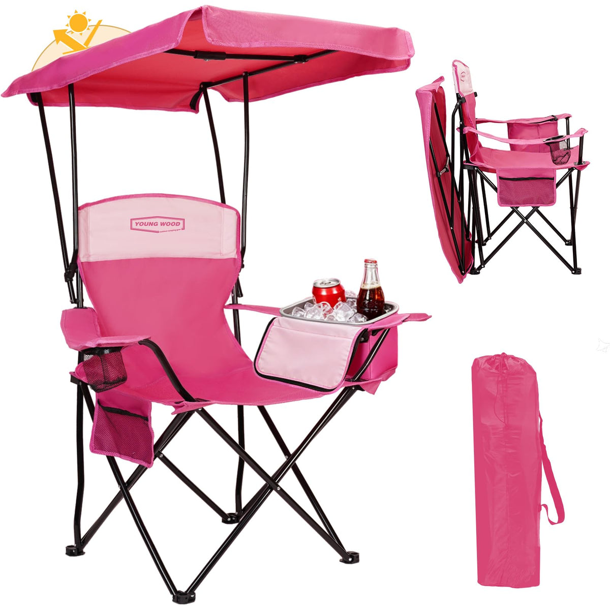 YOUNG WOOD Camping Chair with Canopy, Beach Chair with Shade,Portable,Lightweight Oversized for All, Easy to Open and Close Without Installation, Side Pocket Design for All Outdoor Activities，Blue