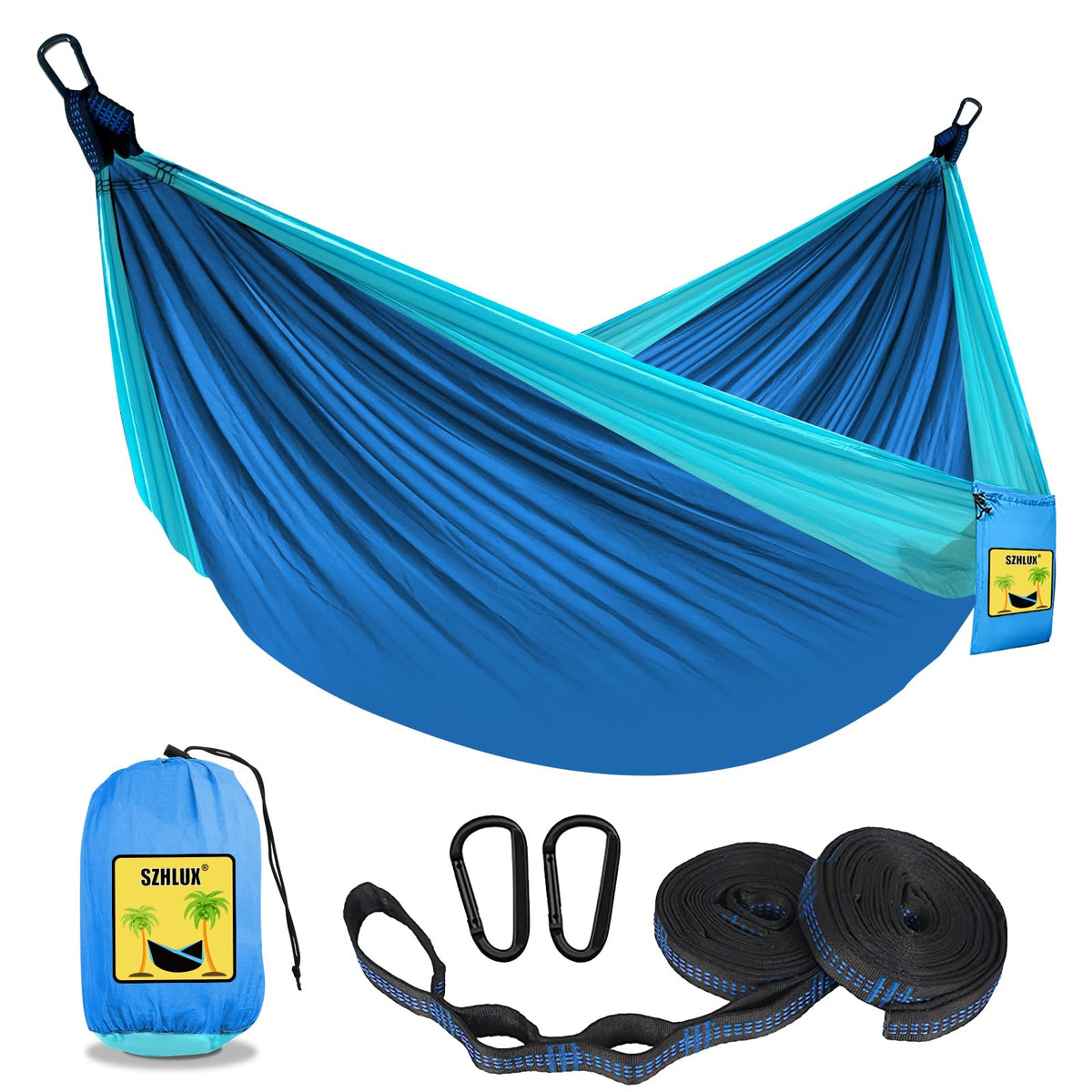 SZHLUX Camping Hammock Double & Single Portable Hammocks with 2 Tree Straps and Attached Carry Bag,Great for Outdoor,Indoor,Beach,Camping,Light Grey / Sky Blue