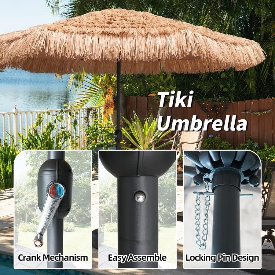 AMMSUN 9ft Hula Thatched Tiki Umbrella Hawaiian Style Beach Patio Umbrella and 8 Ribs with Crank Lift UPF 50+ Outdoor Tiki Bar, Tropical Palapa, Patio Garden Beach Pool Backyard Natural Color
