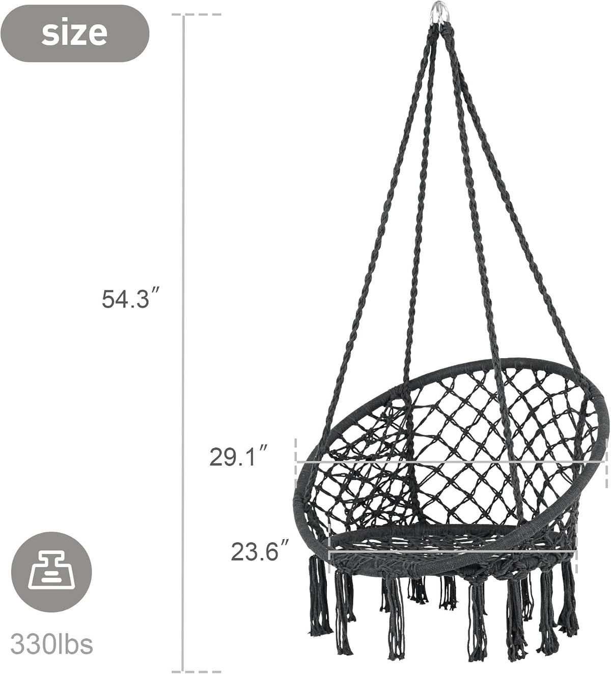 SUNCREAT Hammock Chair Hanging Macrame Swing with Hardware Kits, Grey