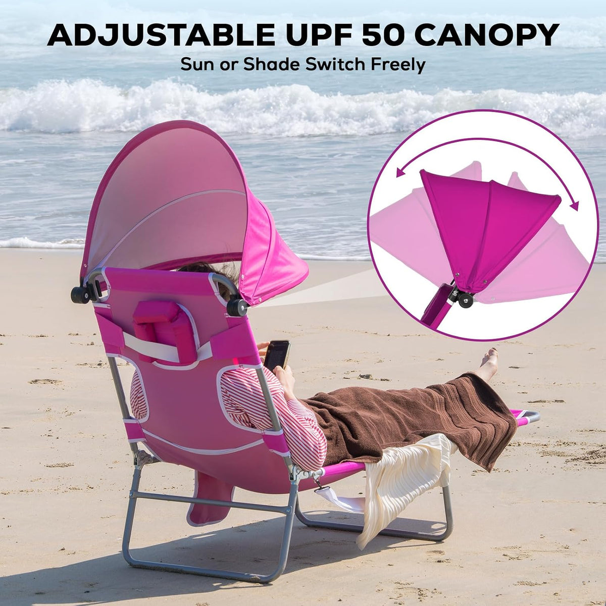 Romswi 1PK Folding Tanning Beach Chair with Face Hole & Canopy Shade, 5-Position Reclining Sun Lounger, Portable Face Down Tanning Chair with Arm Holes & Side Pocket for Beach, Pool & Patio, Neon Pink