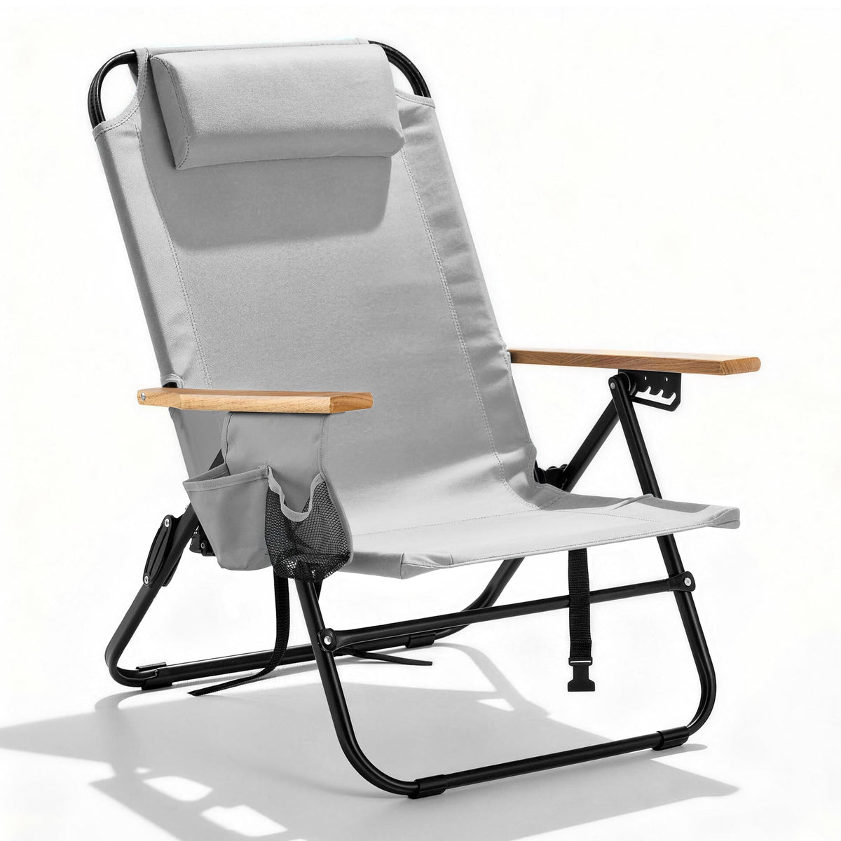 Premium Portable Camping Chair 5-Position Recliner Beach Folding Lightweight Outdoor Chair with Wooden Armrests, Headrest, Multi-Pockets Heavy Duty 350lbs, for Patio, Backyard, Brown