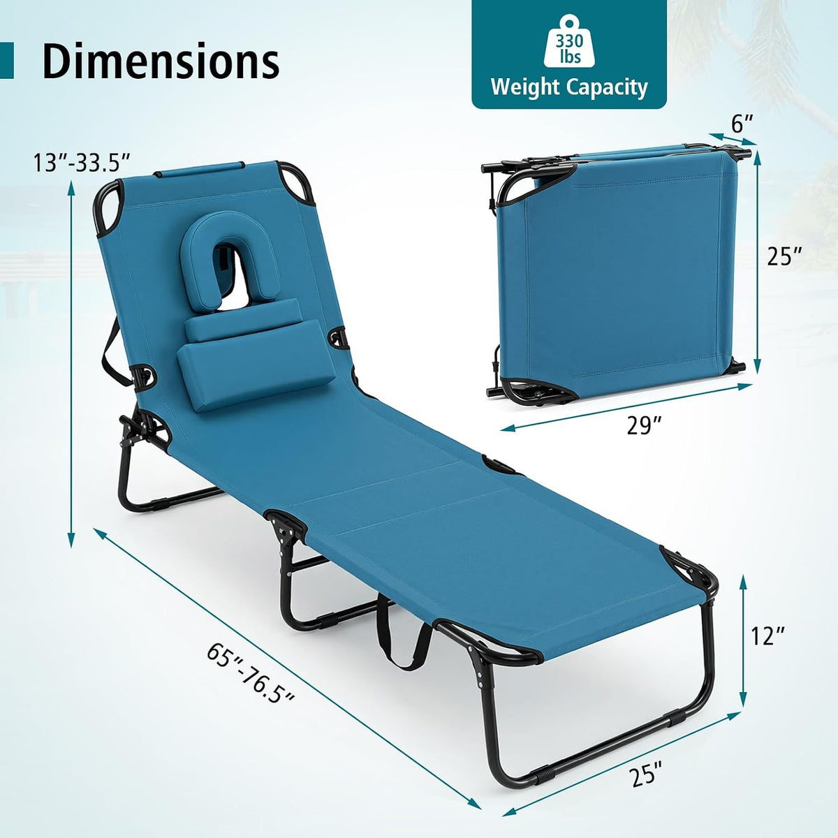GYMAX Tanning Chair, 330lbs Beach Lounge Chair with Face Hole