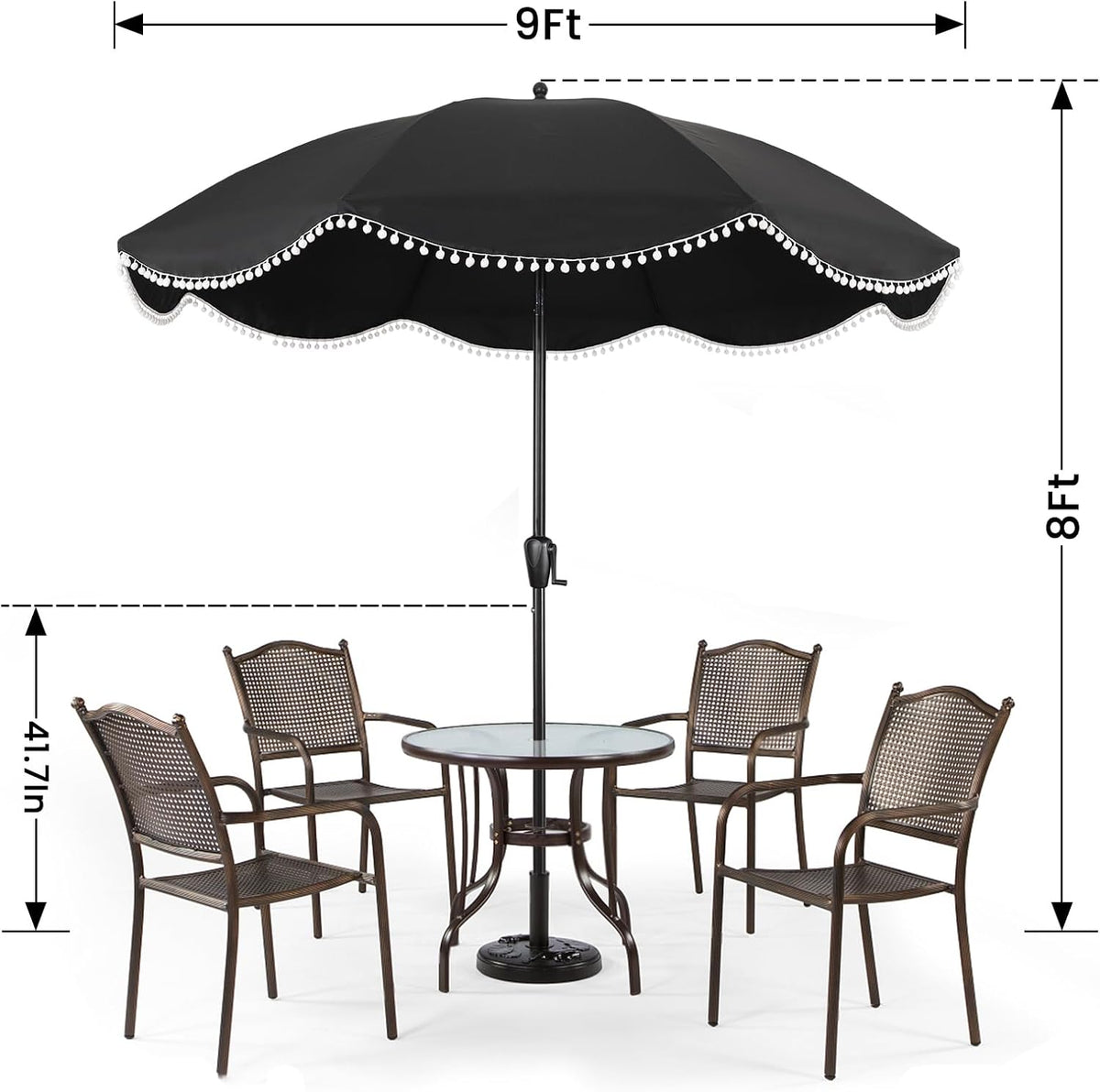 9' Patio Umbrella with Black Canopy and White Fringe Accents, Black Frame Market Umbrella for Patio, Deck, and Backyard by Sun-Ray