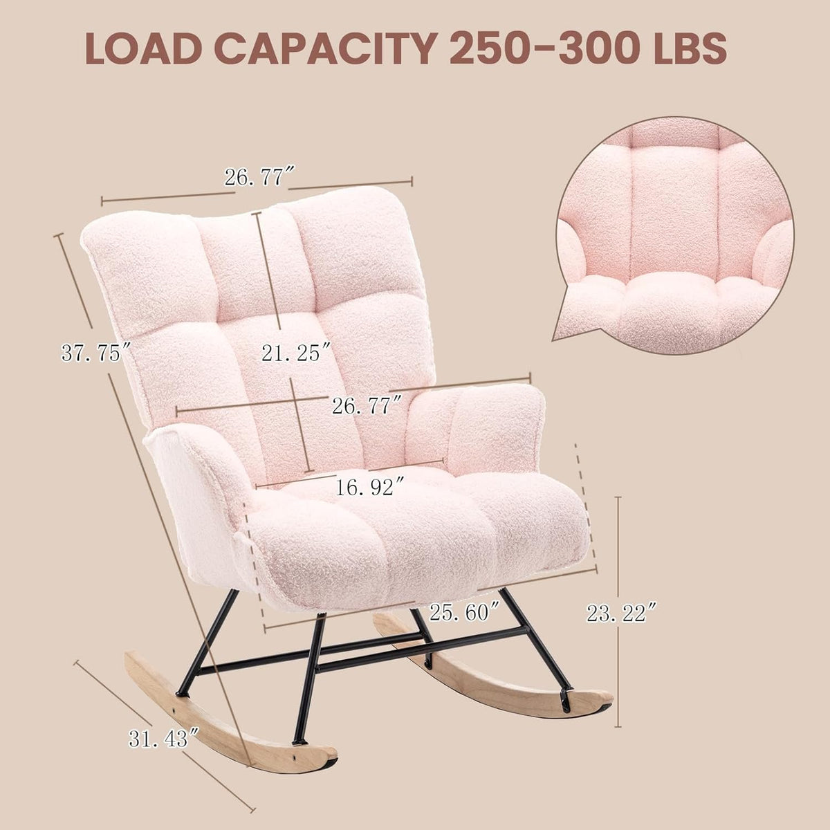 SAETSFEG Rocking Chair Nursery Teddy Upholstered Glider Rocker Rocking Accent Chair Padded Seat with High Backrest Armchair Comfy Side Chair for Living Room Bedroom Offices (Pink Teddy)