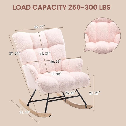 SAETSFEG Rocking Chair Nursery Teddy Upholstered Glider Rocker Rocking Accent Chair Padded Seat with High Backrest Armchair Comfy Side Chair for Living Room Bedroom Offices (Pink Teddy)