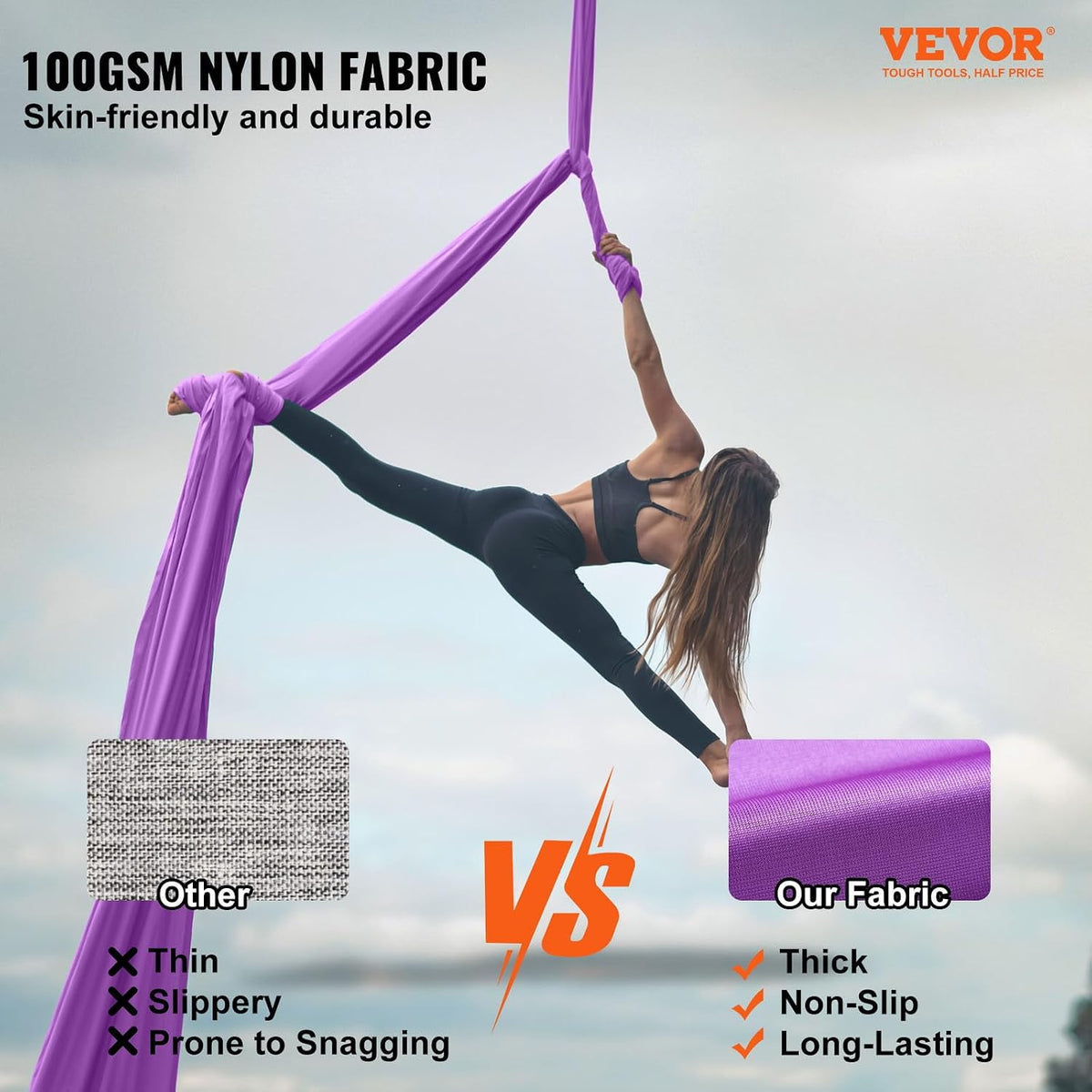 VEVOR Aerial Silk & Yoga Swing, Aerial Yoga Hammock Kit with 100gsm Nylon Fabric, Full Rigging Hardware & Easy Set-up Guide, Antigravity Flying for All Levels Fitness Bodybuilding