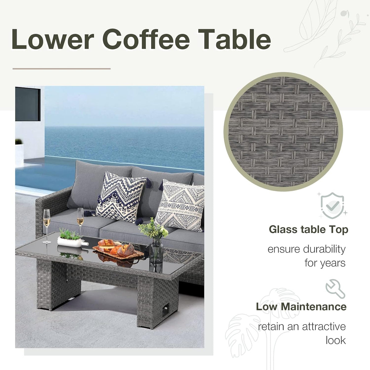 SUNSITT Outdoor Patio Lift Top Table Adjustable Height Wicker Dining Table