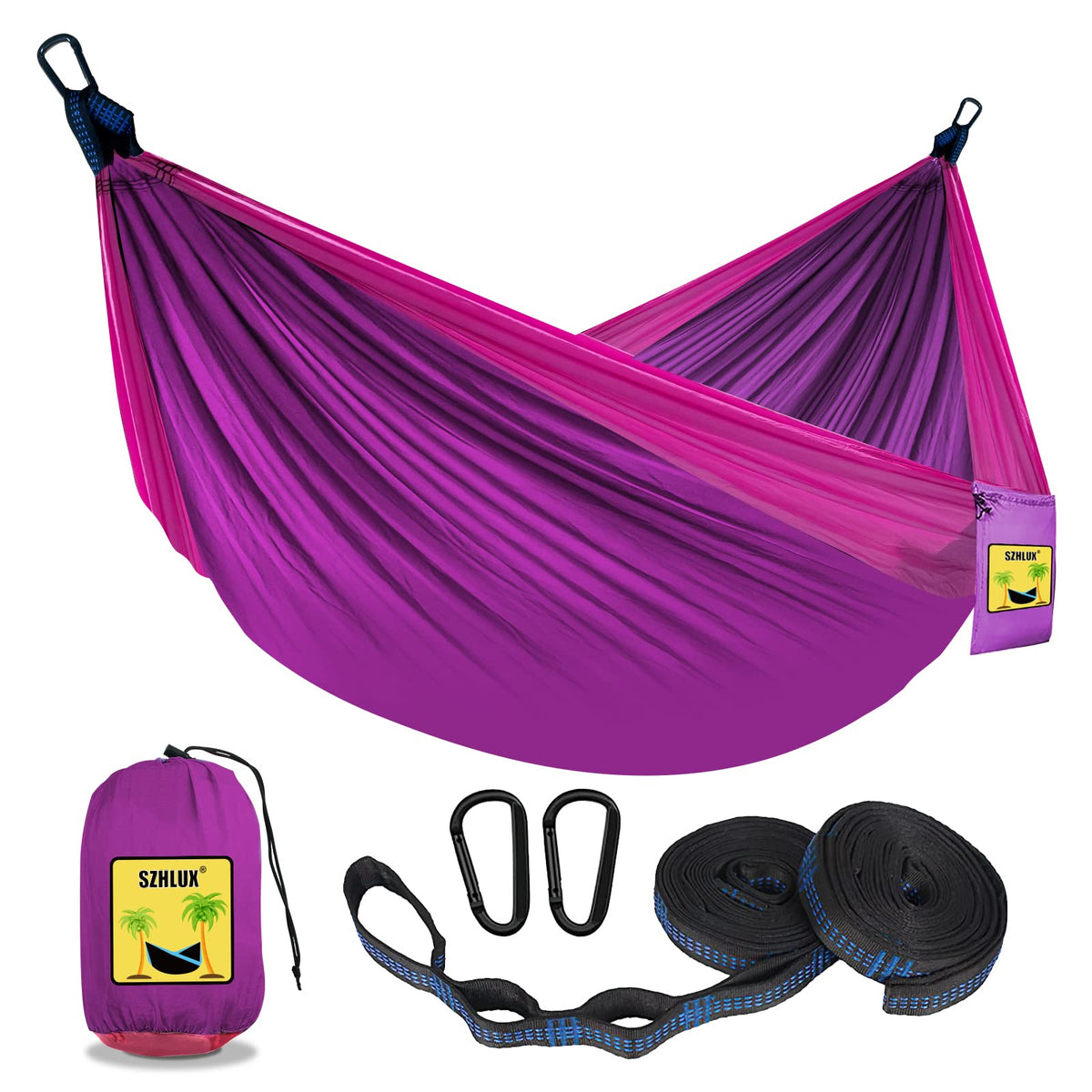 SZHLUX Camping Hammock Double & Single Portable Hammocks with 2 Tree Straps and Attached Carry Bag,Great for Outdoor,Indoor,Beach,Camping,Light Grey / Sky Blue