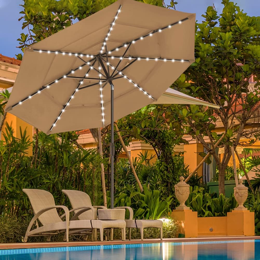 EliteShade USA 10-Year-Non-Fading 9ft 3-Tier Market Patio Umbrella, Commercial Table Umbrella with 80 Solar LED Lights, Crank Open, Windproof & UPF 50+ UV Protection for Garden, Deck, Pool, Backyard, Heather Beige