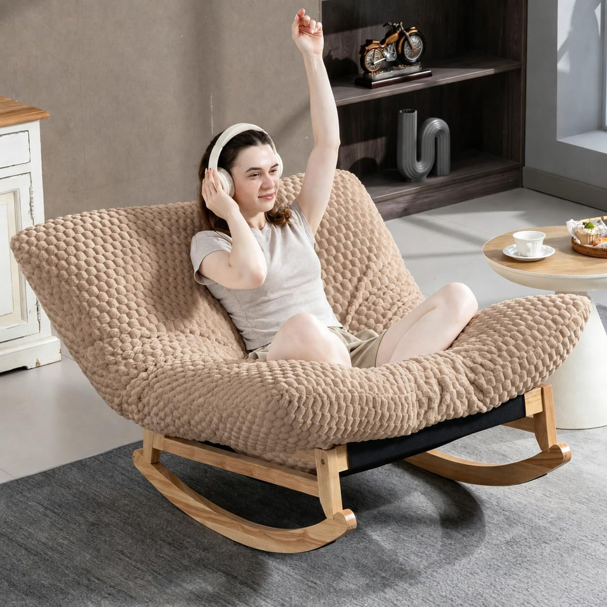 Oversized Papasan Rocking Chair Indoor with Bean Bag Cushion (Green)