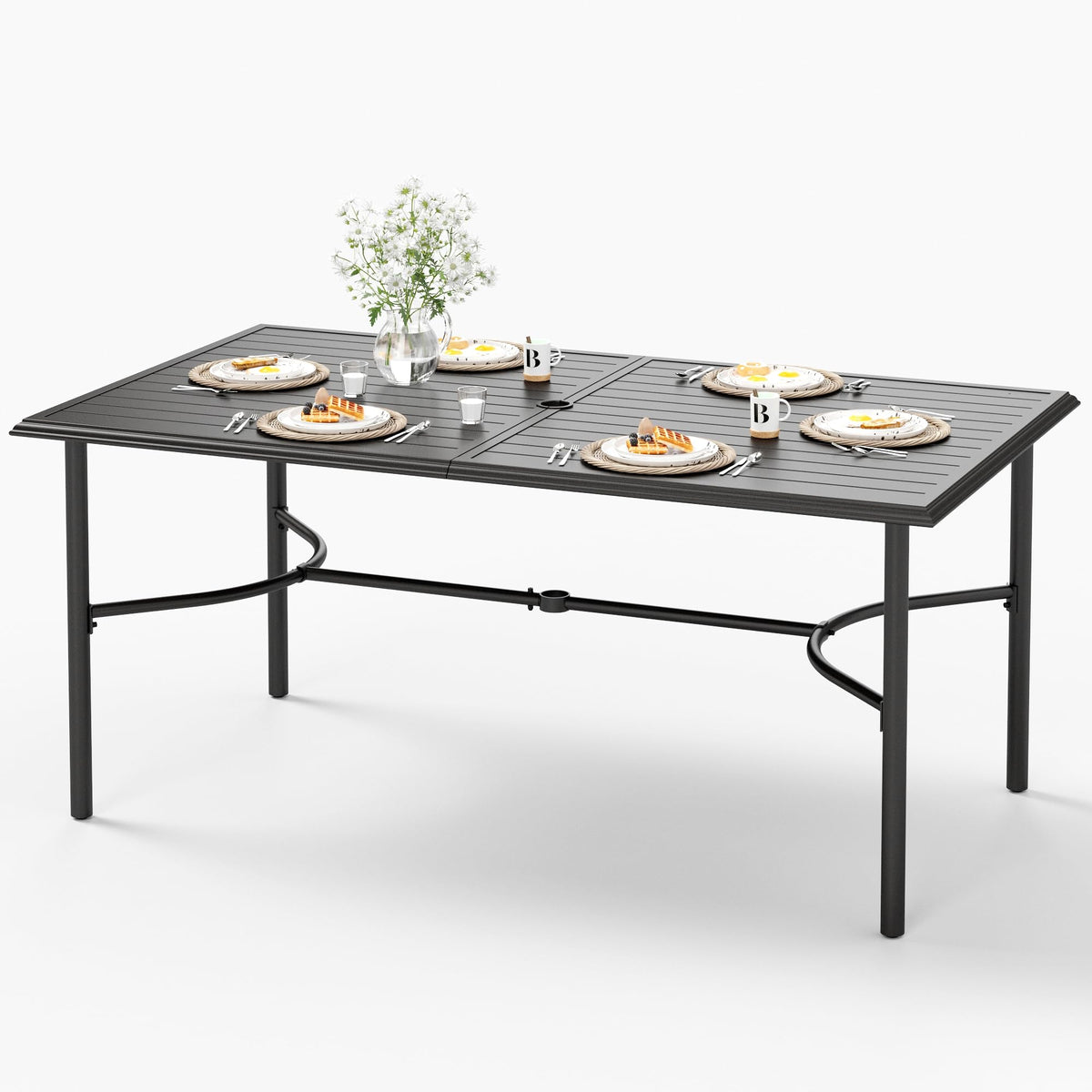 HERA'S HOUSE Outdoor Dining Table for 6, Brown Metal Table w/Umbrella Hole