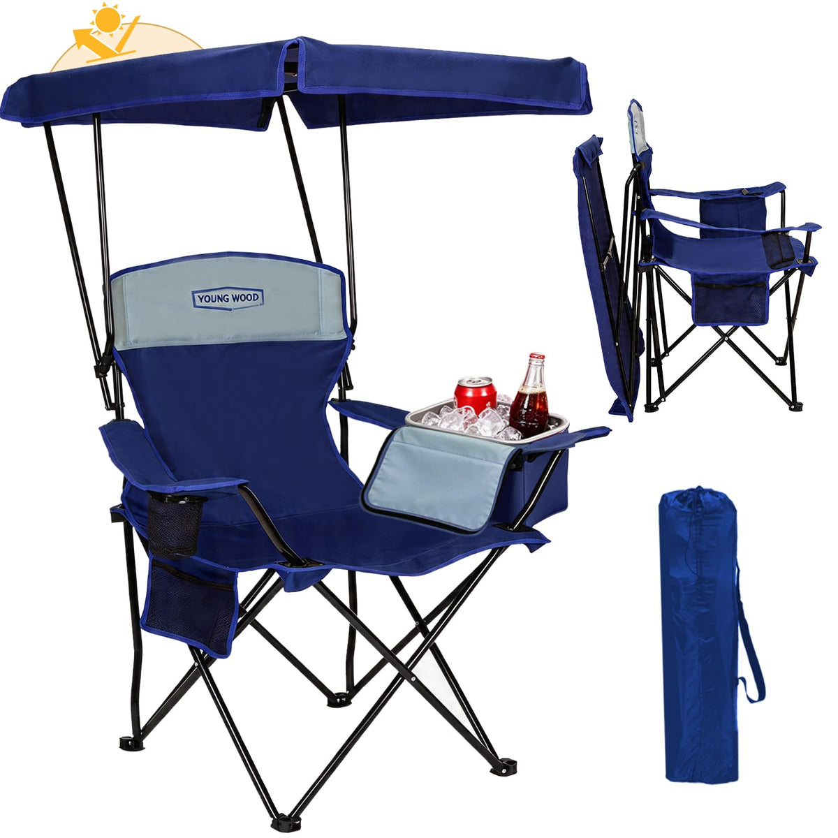 YOUNG WOOD Camping Chair with Canopy, Beach Chair with Shade,Portable,Lightweight Oversized for All, Easy to Open and Close Without Installation, Side Pocket Design for All Outdoor Activities，Blue