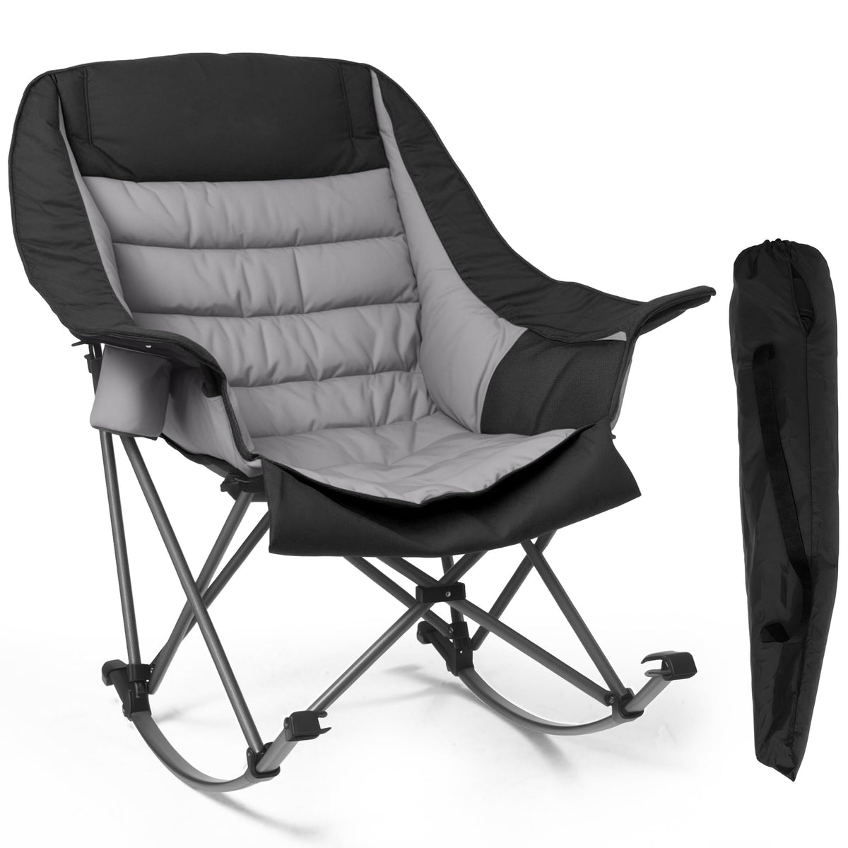 Oversized Rocking Camping Chair for Adults - 400lbs Capacity Padded Camp Chair with Cup Holder, Portable Foldable Outdoor Rocker Chair for Camping, Backyard, Patio (Blue & Gray)