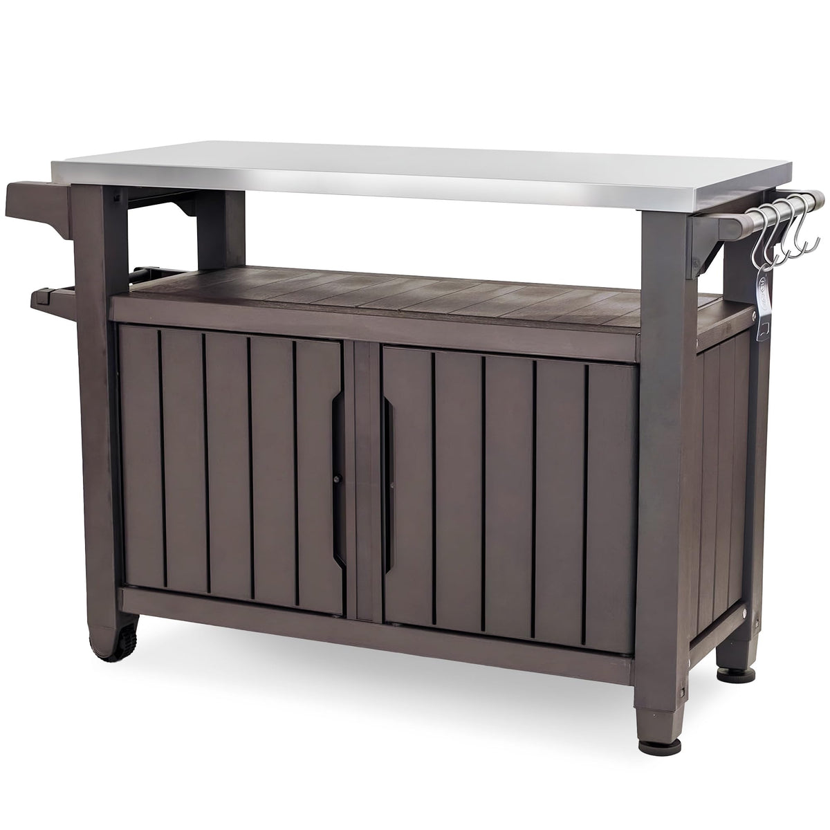 Keter Unity XL Portable Outdoor Table with Stainless Steel Top for Kitchen Prep and Outdoor Storage Cabinet for Grilling Accessories, Dark Grey