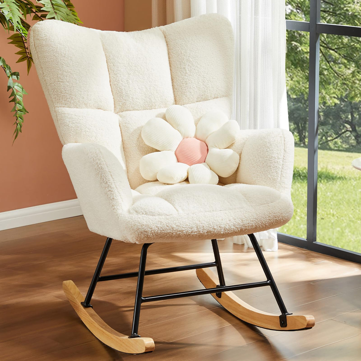 DUMOS Nursery Rocking Chair Teddy Upholstered, Comfy Glider Rocker with High Backrest Armchair Padded Seat, Accent Side Chair for Living Room Bedroom Offices Small Spaces Indoor, Beige