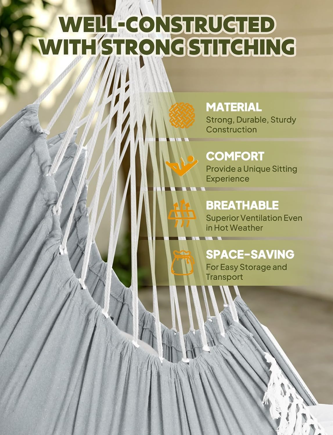 Chihee Hammock Chair Max 500 Lbs 2 Cushions Spreader Bar Strap Carabiner