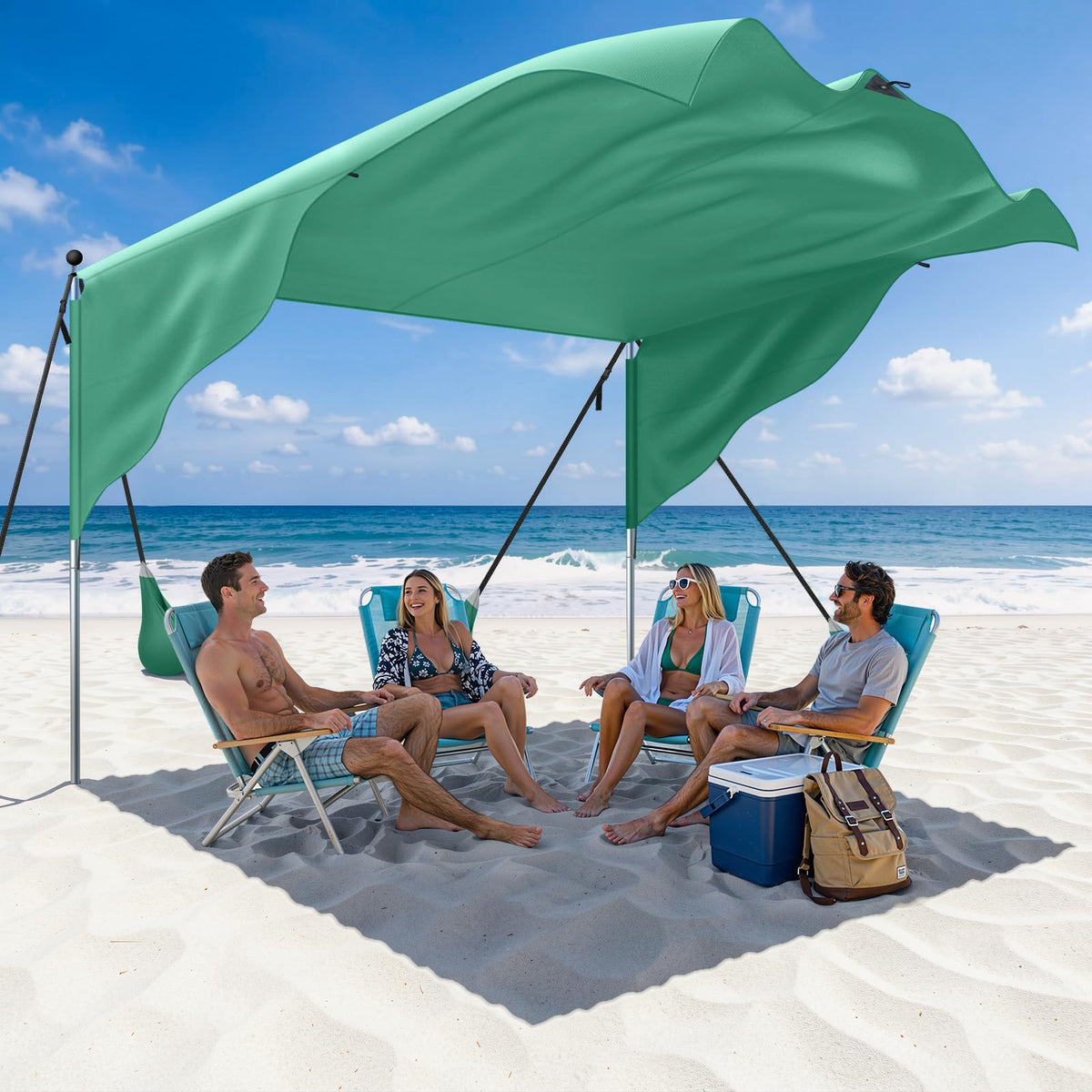 MoKo Beach Shade Canopy, 100 Sq.Ft. Wind-Supported Sunshade Sail for 4-6 People, Lightweight Easy Setup Beach Tent with UPF 50+ Sun Protection for Family Travel Coastal Trips, Blue