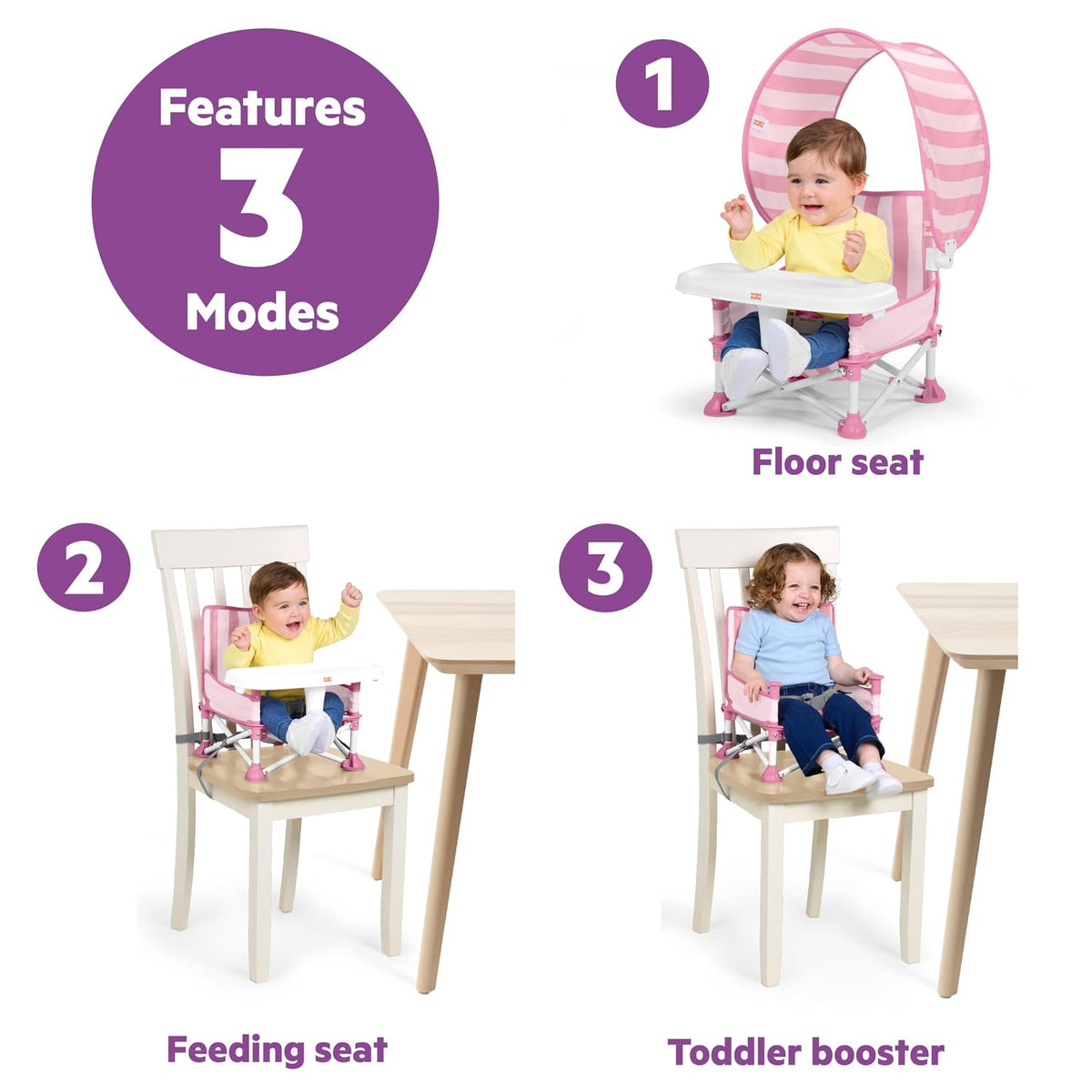 Bright Starts Pop 'N Sit Cabana Baby Beach Portable Booster Chair with UPF Canopy, Floor Seat for Indoor/Outdoor Use, Compact Fold, Pink, 6 Months–3 Years