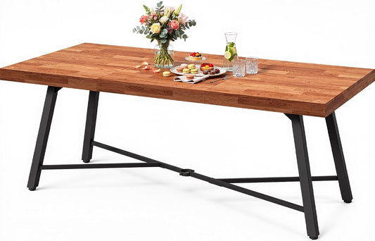 DWVO Industrial Acacia Wood Dining Table 68.9", Heavy Duty Outdoor Rectangle Table with Metal Legs, 500lbs Capacity Patio Dining Table with Umbrella Hole for 6-8 People Indoor Outdoor Use