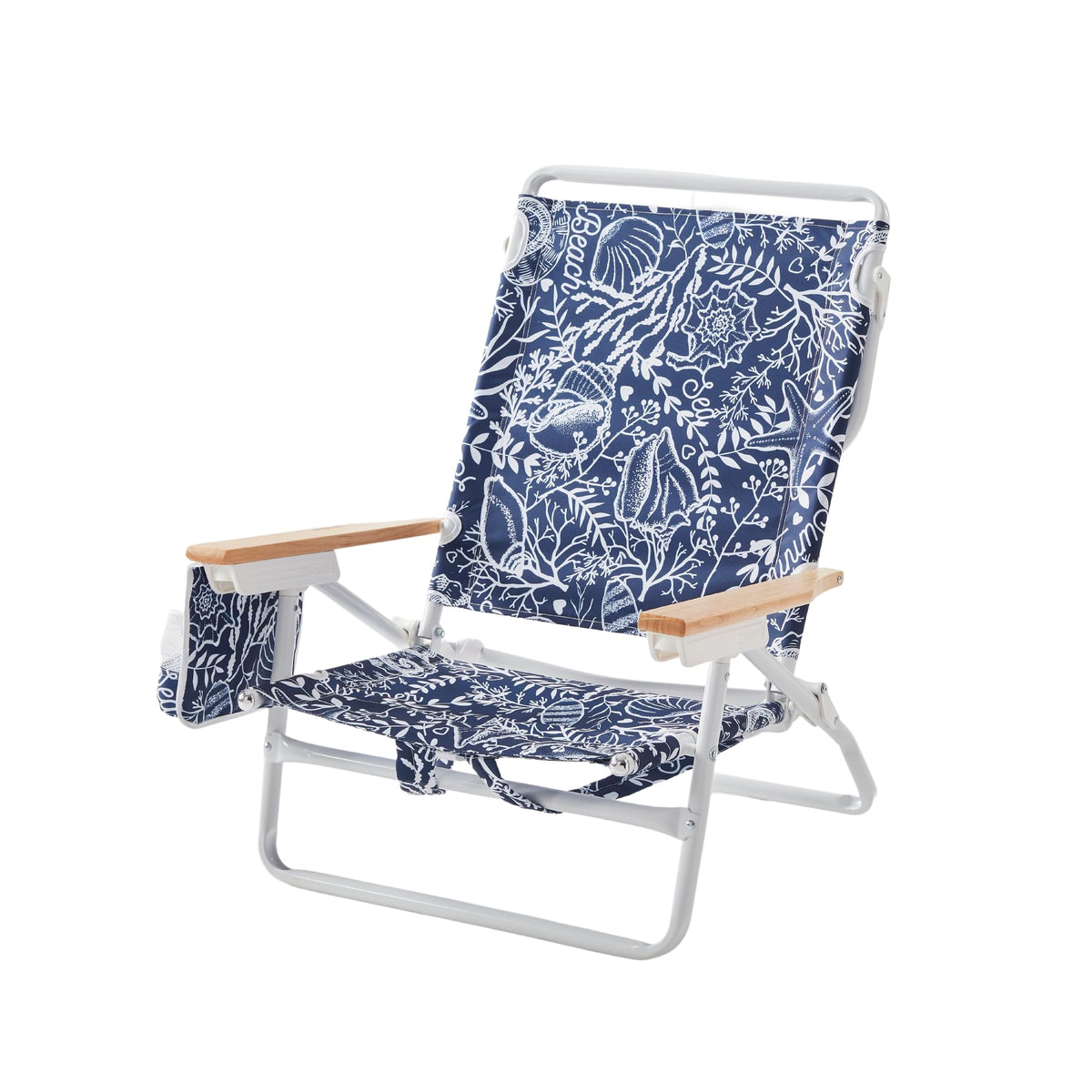 5-Position Low Beach Chair, Portable Lightweight Folding Beach Chair with Wooden Armrests, Storage Pouch & Carry Strap, Coastal Beach Print – Reef Crimson