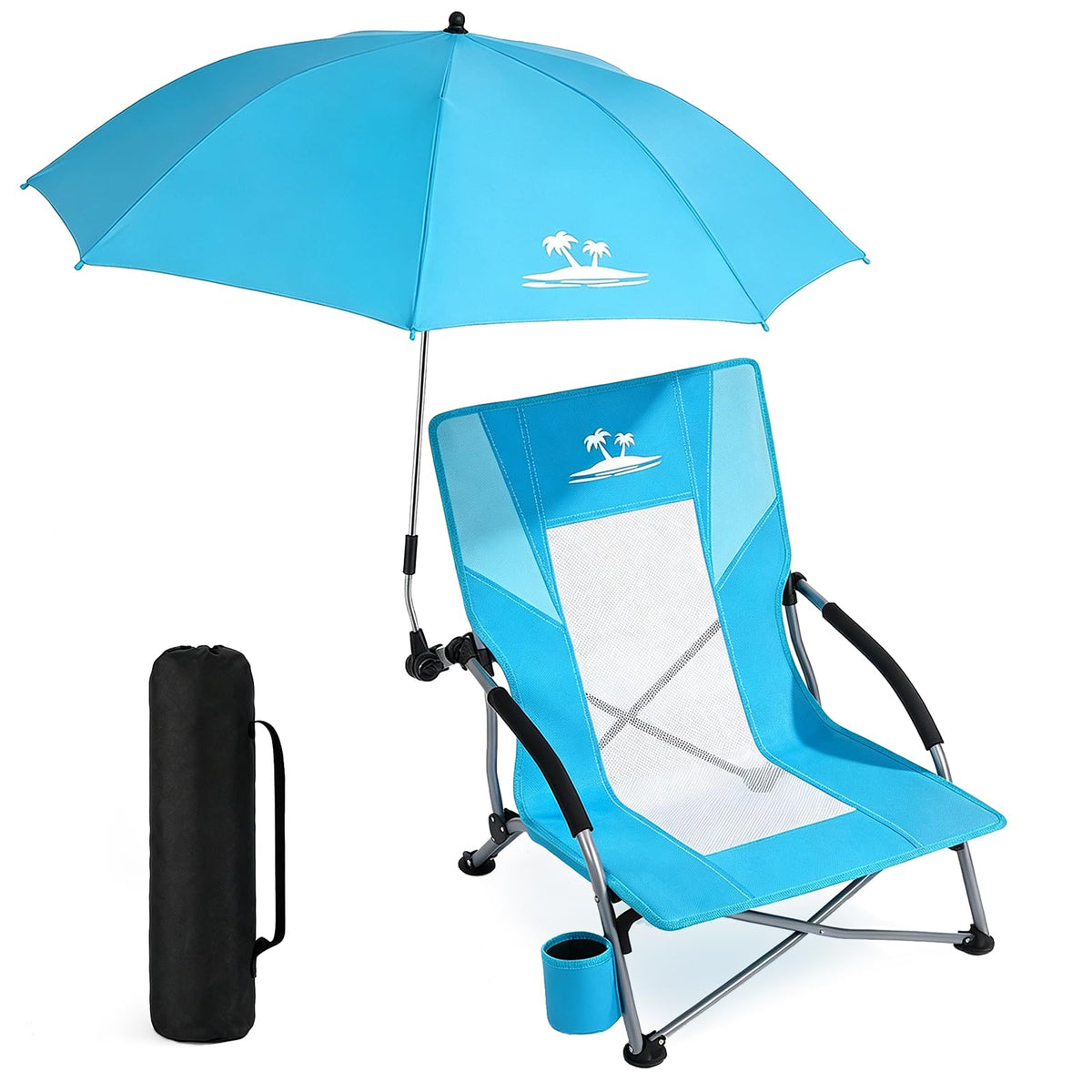 Folding Beach Chair for Adults with UPF 50+ Umbrella, Lightweight Low Beach Chair with Mesh Back, Portable Camping Chair with Carry Bag for Outdoor Beach Lawn Camping, 300lbs Capacity(Blue)