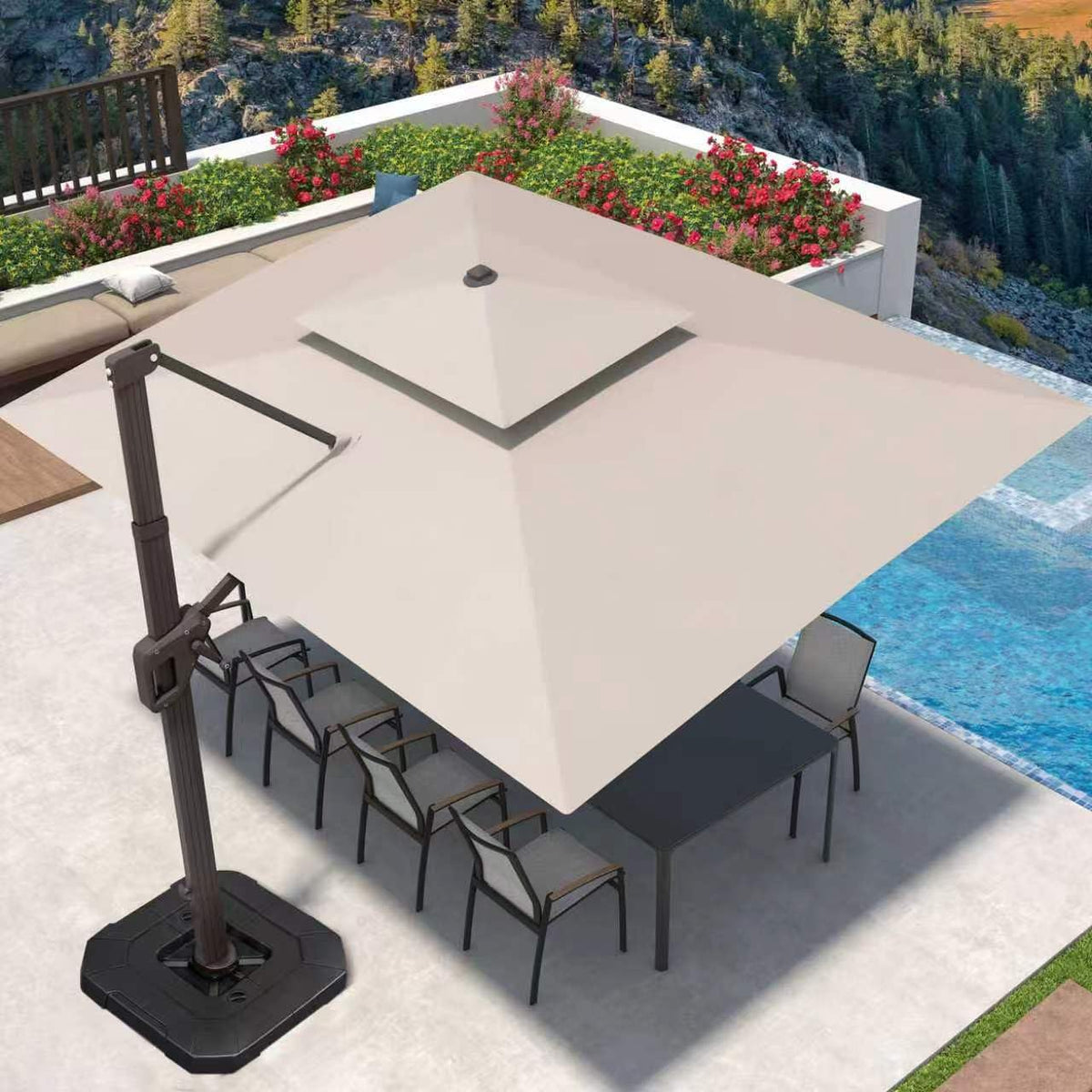 Deconk 9' X 12' Patio Cantilever Outdoor Umbrella with Base and LED Lights