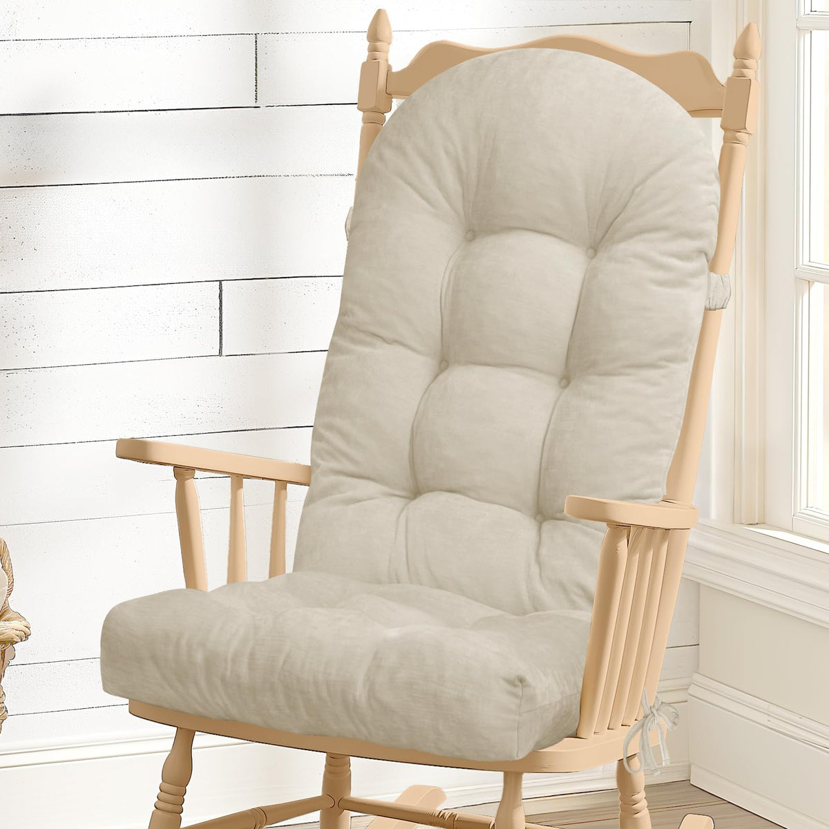 Rocking Chair Cushion - Soft Chenille Fabric Seat Pad with Tufted Design, Non-Slip Bottom and Secure Ties, for Glider, Adirondack and Indoor Rocker Chair, 44x19x4 Inch, Oyster White