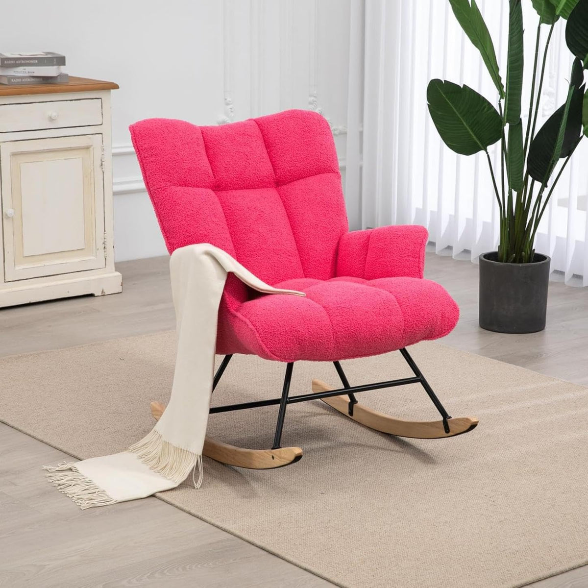 SAETSFEG Rocking Chair Nursery Teddy Upholstered Glider Rocker Rocking Accent Chair Padded Seat with High Backrest Armchair Comfy Side Chair for Living Room Bedroom Offices (Ivory Teddy)