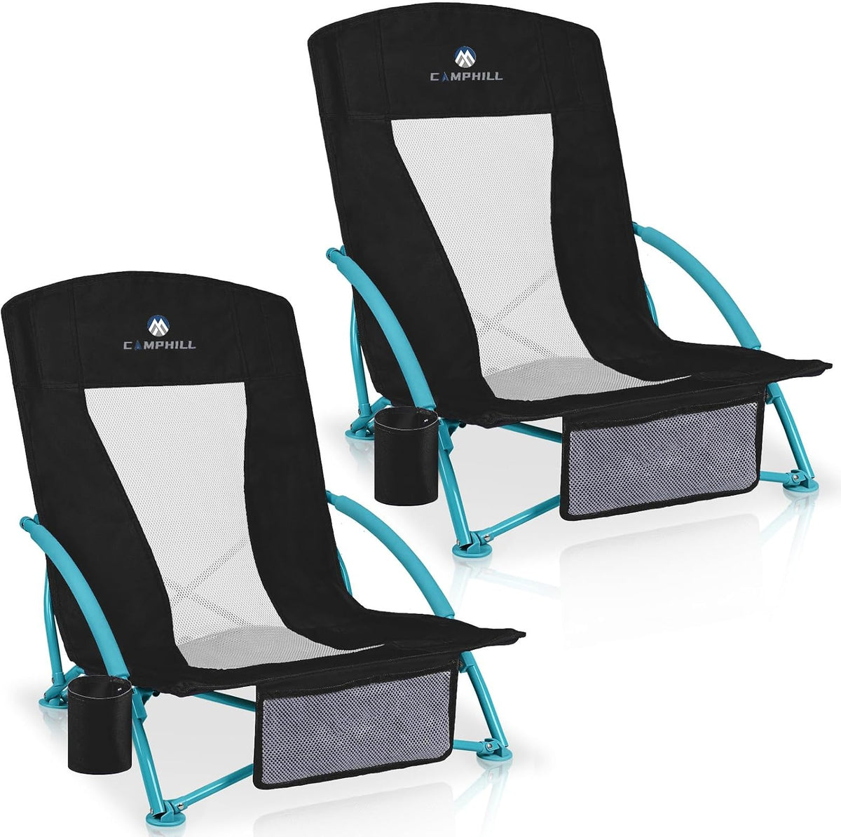 Beach Chairs for Adults 2 Pack,Heavy Duty Folding Low Back Camping Chairs w/Cooler Bag,Mesh Back,Cup Holder & Storage Bag,Compact Sling Chair for Lawn,Picnic,Travel,Orange Strip