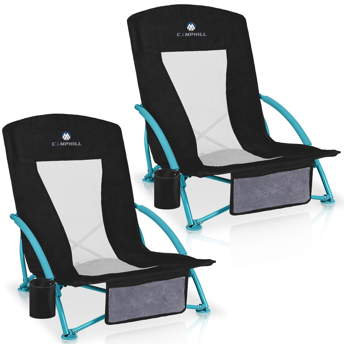 Beach Chairs for Adults 2 Pack,Heavy Duty Folding Low Back Camping Chairs w/Cooler Bag,Mesh Back,Cup Holder & Storage Bag,Compact Sling Chair for Lawn,Picnic,Travel,Orange Strip