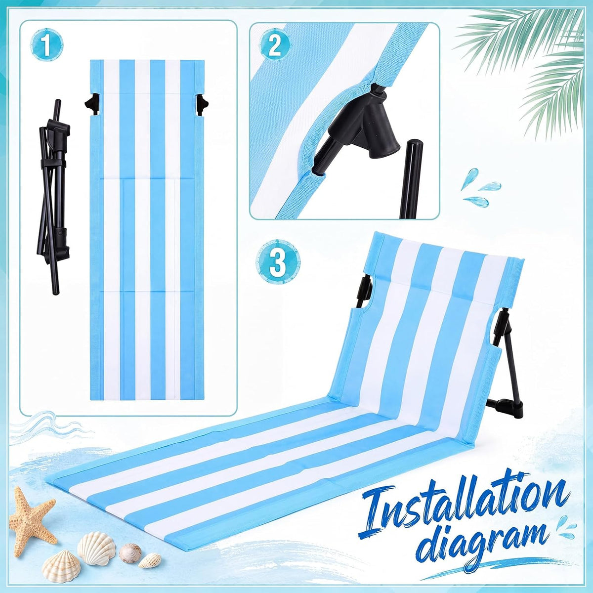 2 Pcs Foldable Beach Pool Chairs Portable Folding Adjustable Sun Chairs Poolside Seat for Edge of Pool for Beach Camping Picnic Lawn, 16 x 31 x 15.3 Inches, Sky Blue