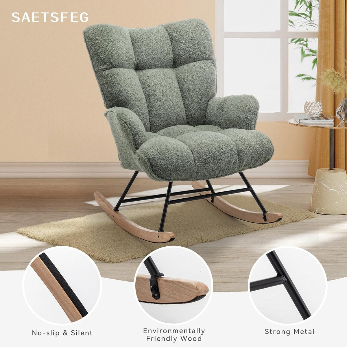 SAETSFEG Rocking Chair Nursery Teddy Upholstered Glider Rocker Rocking Accent Chair Padded Seat with High Backrest Armchair Comfy Side Chair for Living Room Bedroom Offices (Sage Green Teddy)