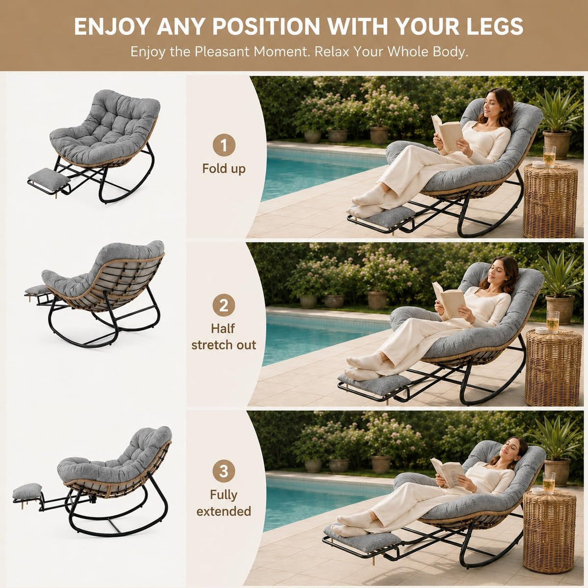 Oversized Rocking Chair with Zero-Gravity Foot Rest & Ottoman, Comfy Lounge Chair for Patio, Porch, Balcony, Indoor Reading Nook, Big Cozy Chaise Chair for Outdoor & Home Use, Grey