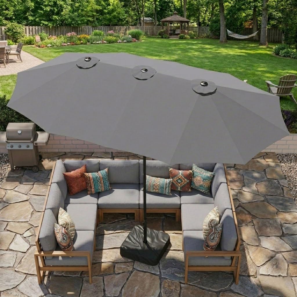 15ft Large Double-Sided Rectangle Patio Umbrella with Base Included,Gray