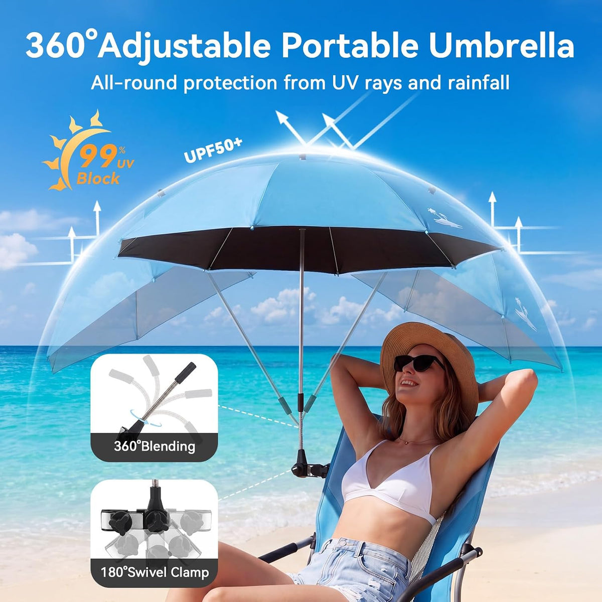 Folding Beach Chair for Adults with UPF 50+ Umbrella, Lightweight Low Beach Chair with Mesh Back, Portable Camping Chair with Carry Bag for Outdoor Beach Lawn Camping, 300lbs Capacity(Blue)