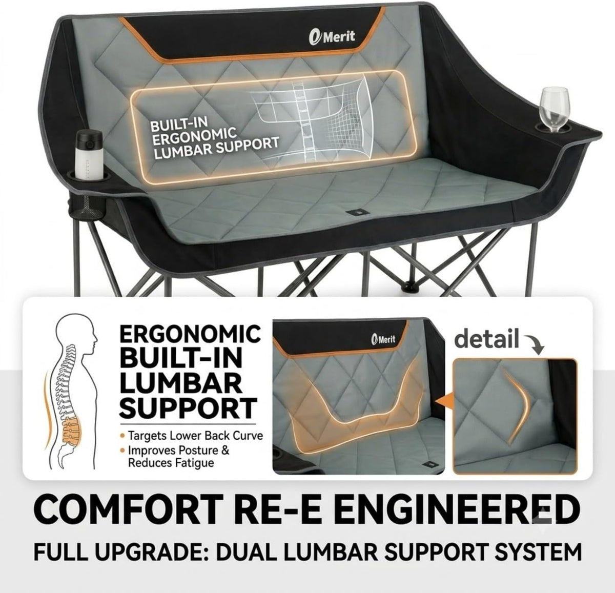 EMERIT Oversized Fully Padded Camping Chair, Heavy Duty 650LB Folding Camping Loveseat, Quad Fold Double Camping Couch with Cup Holders & Carry Bag for Outdoor, Lawn, Sports Events Black