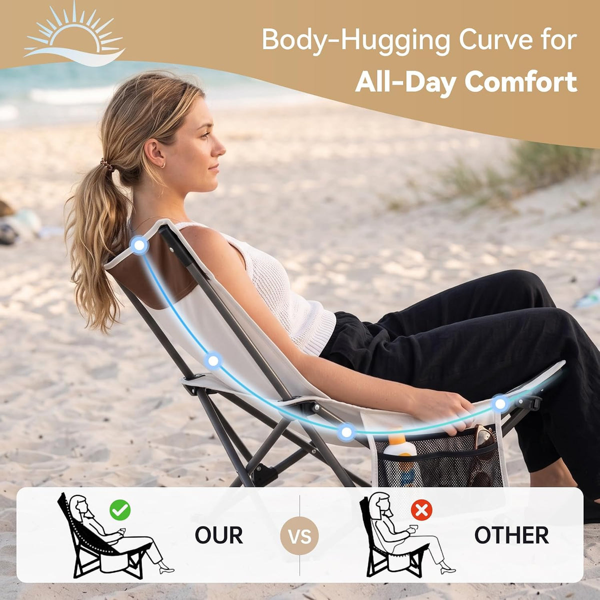 Compact Beach Chairs 2 Pack with 3-Position Lay Flat Low Portable Camping Chairs for Adults Folding Reclining Chairs for Beach, Lawn, Travel