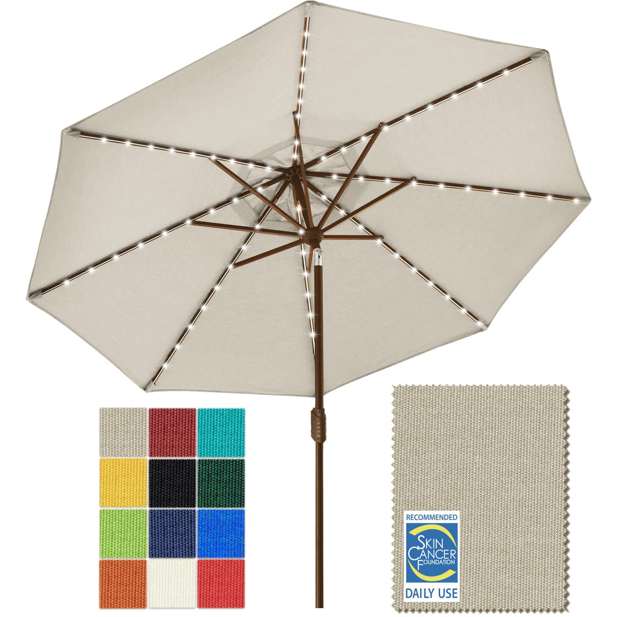 EliteShade USA 10-Year-Non-Fading 9ft 3-Tier Market Patio Umbrella, Commercial Table Umbrella with 80 Solar LED Lights, Crank Open, Windproof & UPF 50+ UV Protection for Garden, Deck, Pool, Backyard, Heather Beige