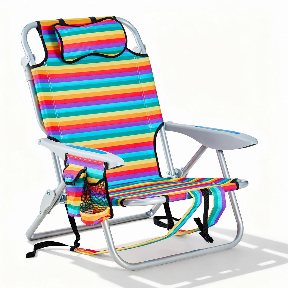 Portable Beach Chair for Adults, Outdoor Camping Chair Lay Flat Folding Backpack Beach Reclining Chair with 5 Positions, Headrest, Zipper Pouch, Cup Holder, Blue