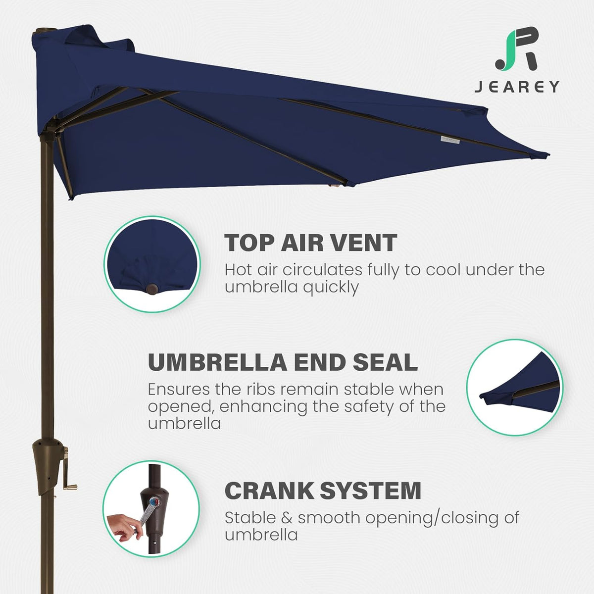 JEAREY 9 ft Half Outdoor Patio Umbrella w/Crank, Navy