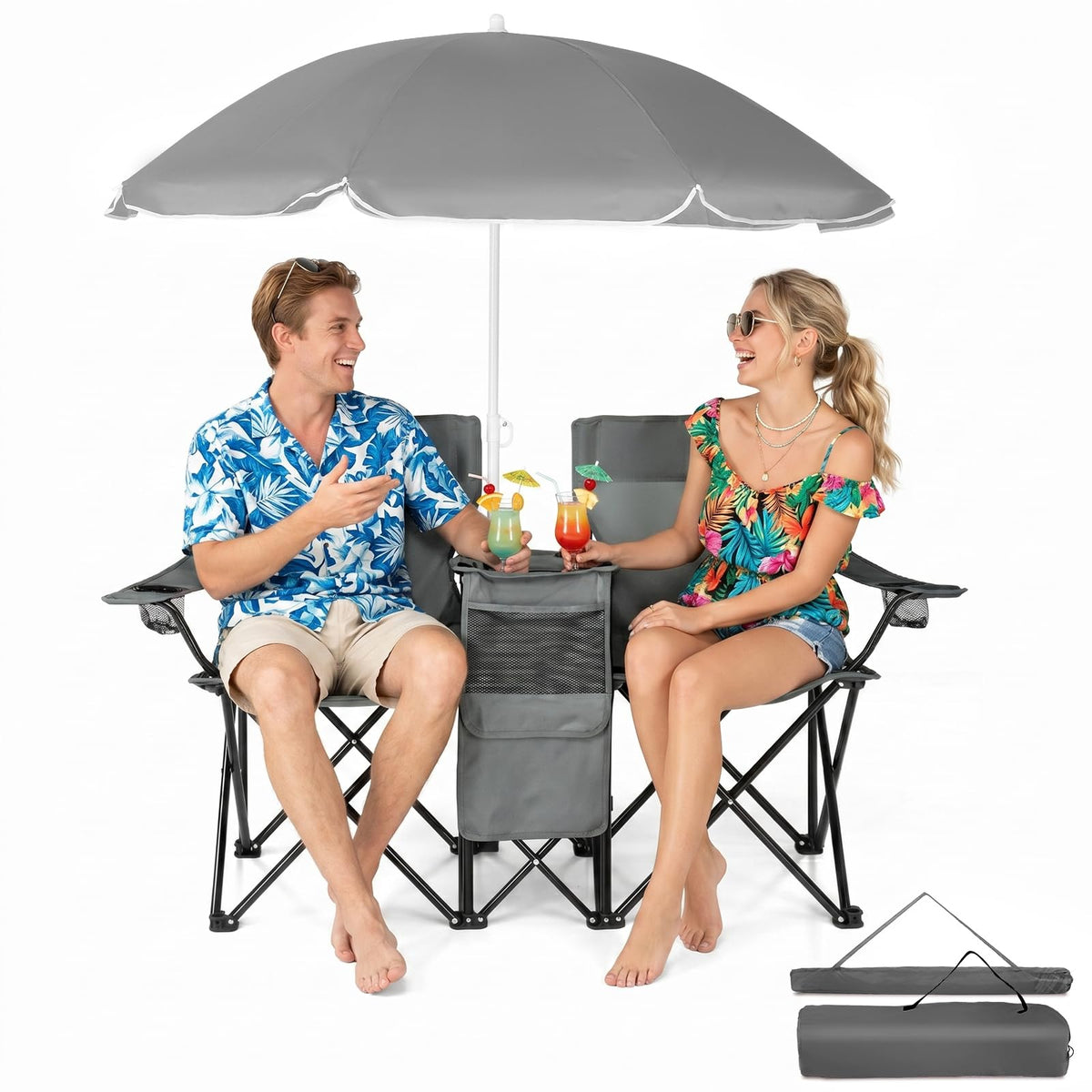Outvita Folding Double Camping Chair w/Umbrella, Cooler for Beach Patio L