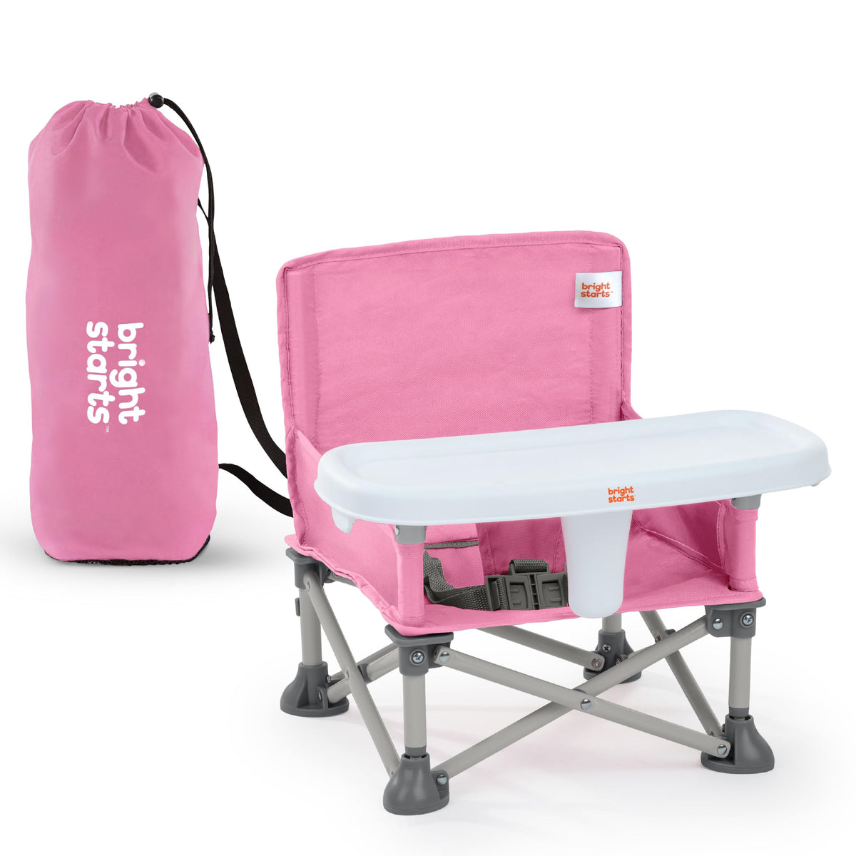 Bright Starts Pop 'N Sit Cabana Baby Beach Portable Booster Chair with UPF Canopy, Floor Seat for Indoor/Outdoor Use, Compact Fold, Pink, 6 Months–3 Years