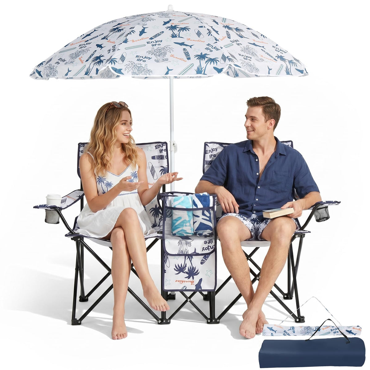 Outvita Folding Double Camping Chair w/Umbrella, Cooler for Beach Patio L
