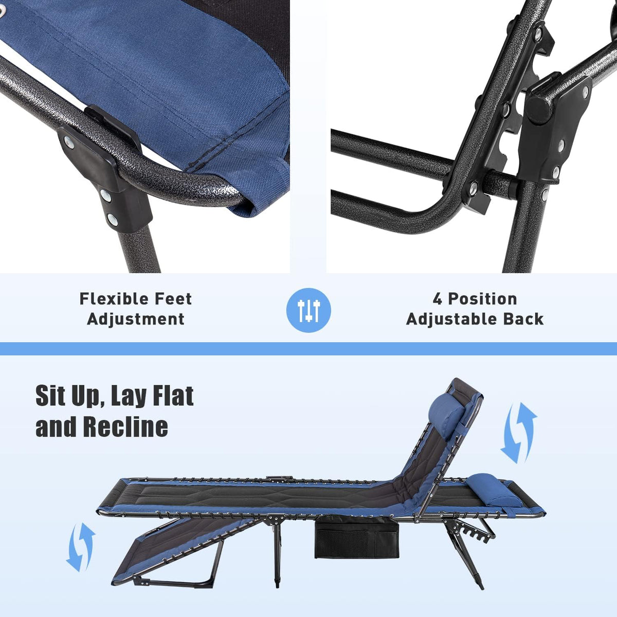 Flamaker Folding Chaise Lounge Outdoor Portable Lounge Chairs 4-Position Adjustable Camping Lounge Chair with Pillow & Side Bag Lightweight Recliner Sunbathing Chair for Pool Beach Deck (Blue)
