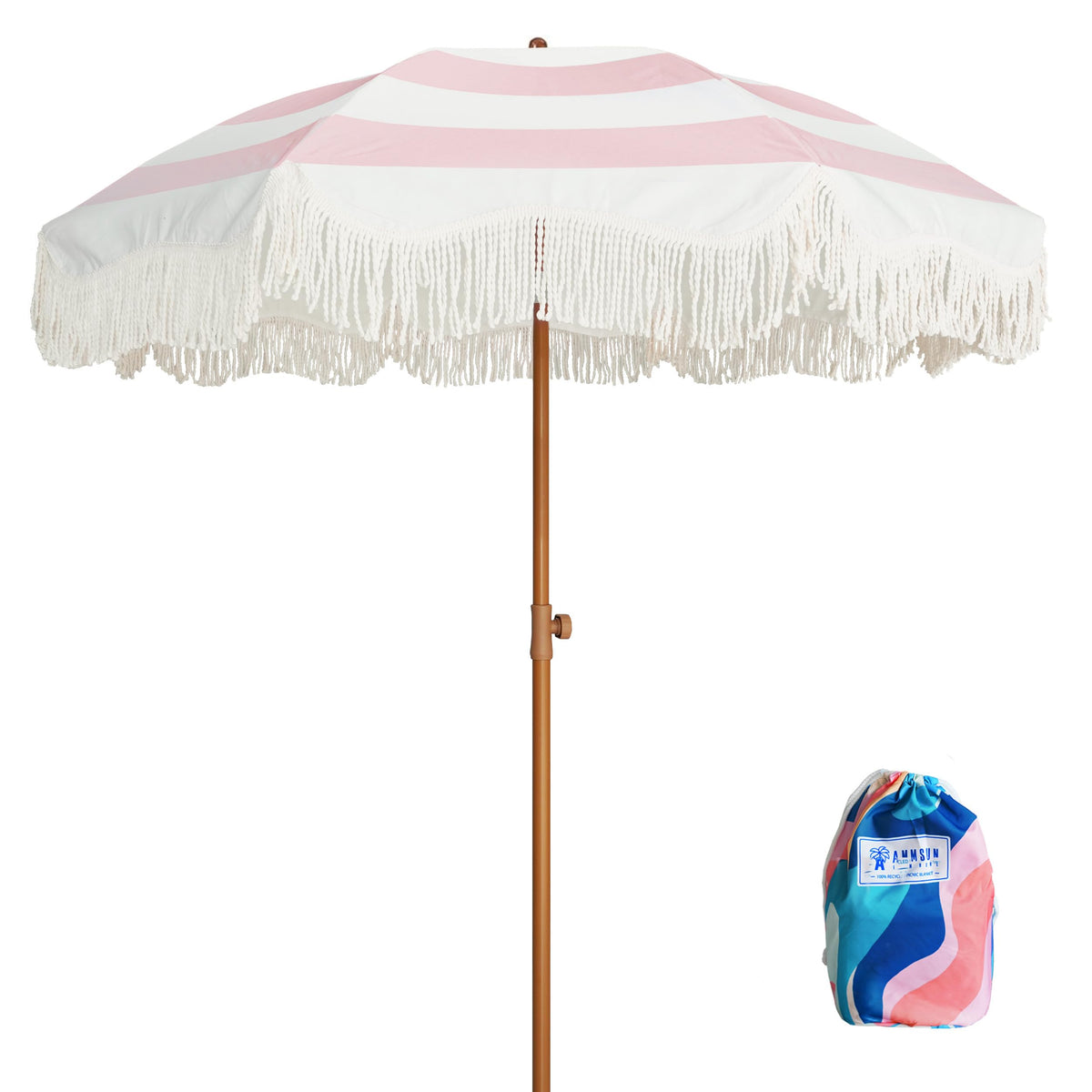 AMMSUN Boho Fringe Umbrella, 6.5ft Outdoor Umbrella with Tassel