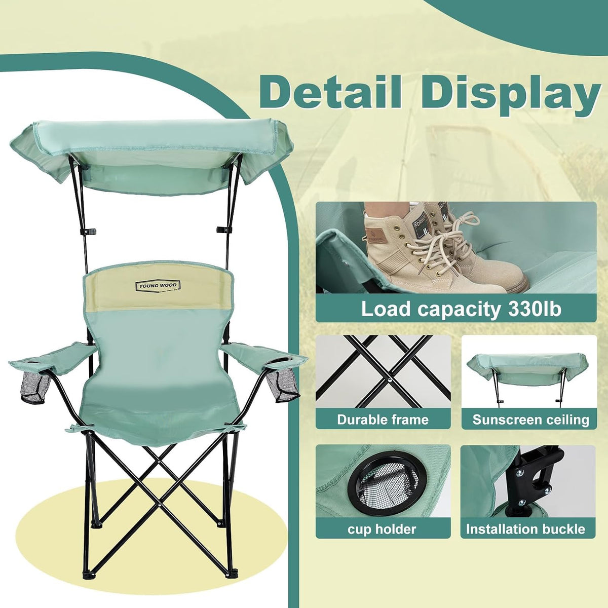 YOUNG WOOD Camping Chair with Canopy, Beach Chair with Shade,Portable,Lightweight Oversized for All, Easy to Open and Close Without Installation, Side Pocket Design for All Outdoor Activities，Blue