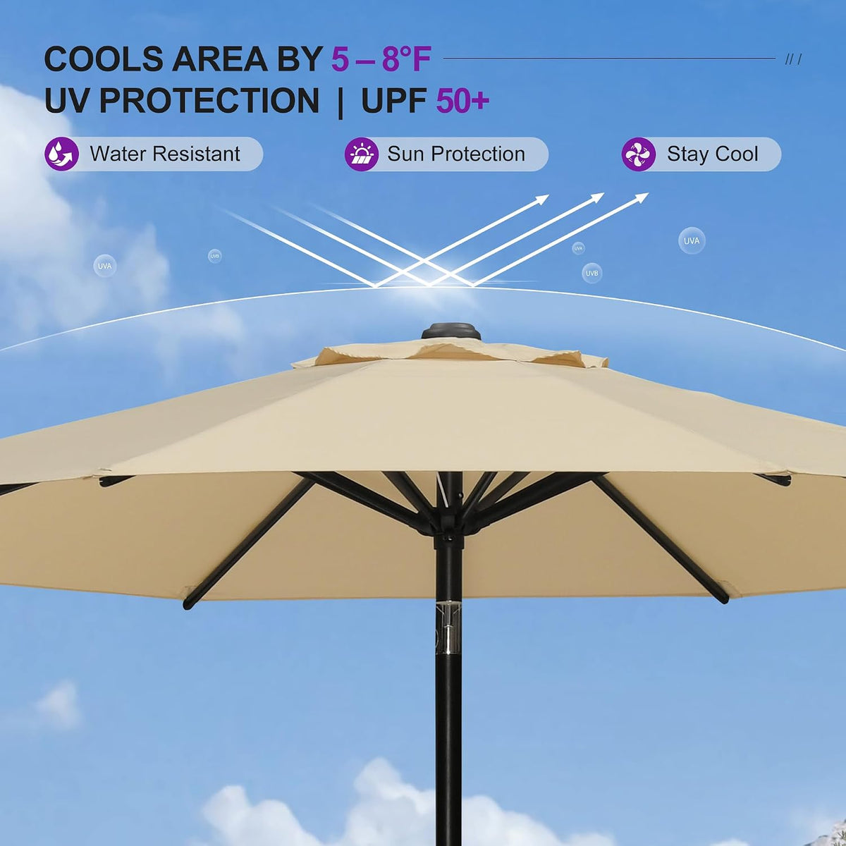 PURPLE LEAF Pool Market Umbrella with Base 9' UV Protection Outdoor, Beige
